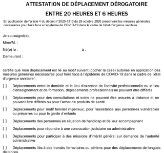 Attestations pour le couvre-feu